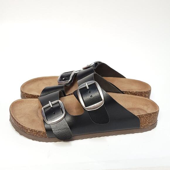 Time & Tru Black Sandals Size 9.5 Faux Leather Adjustable Buckle Slip-On Slide - Picture 8 of 12